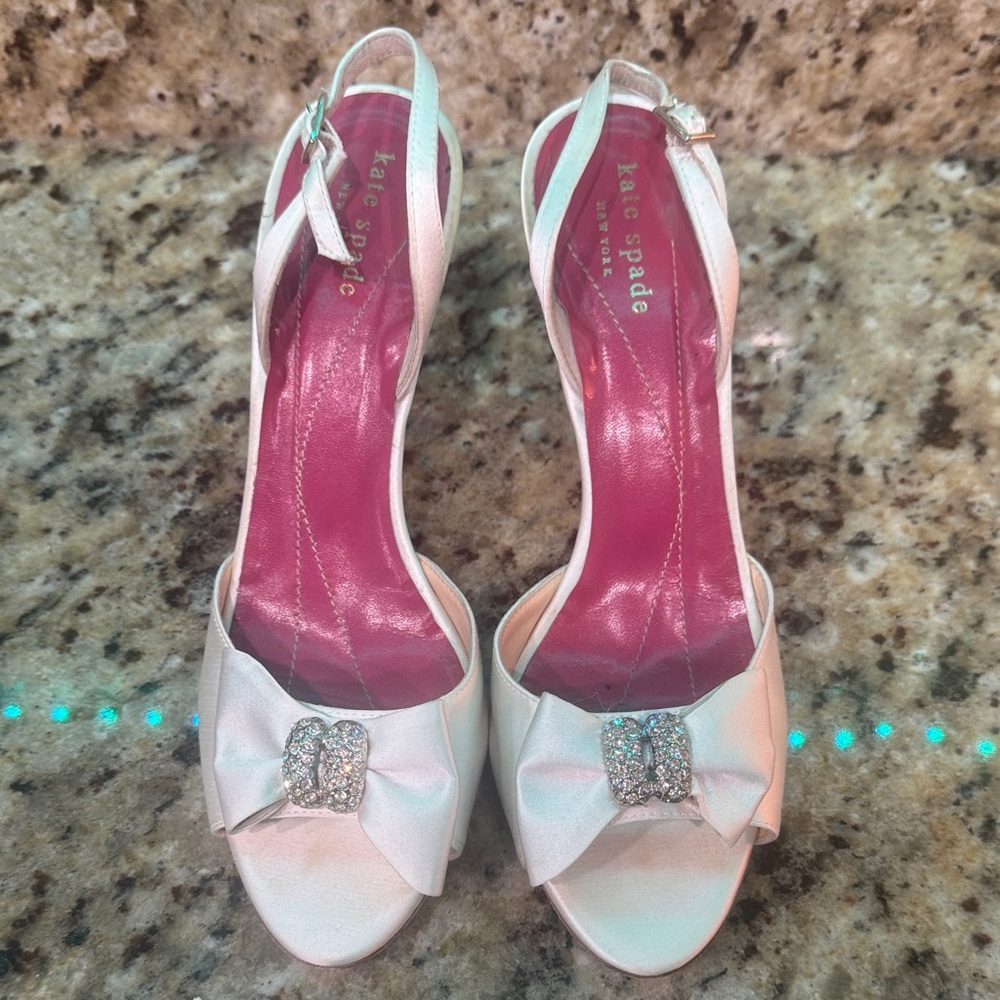 Kate Spade White Satin Heels with Rhinestone Bow